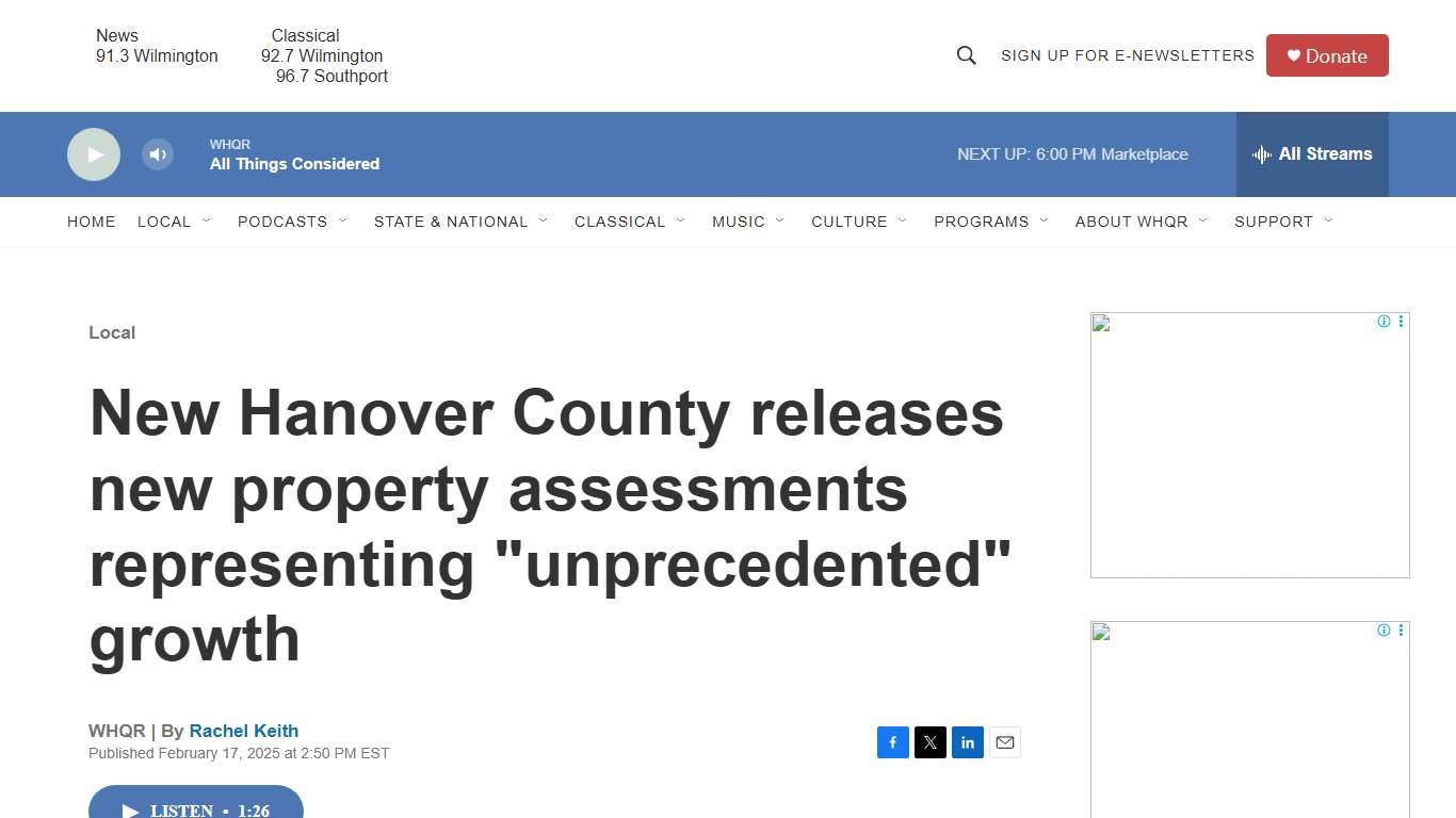 New Hanover County releases new property assessments representing "unprecedented" growth WHQR