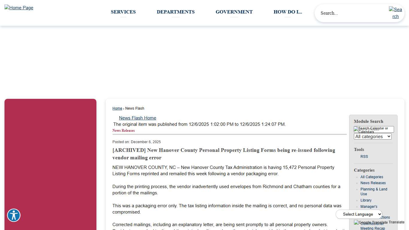 News Flash • New Hanover County Personal Property Listing Fo