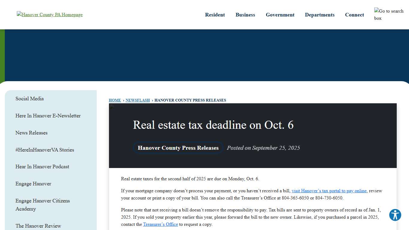 Real estate tax deadline on Oct. 6 • Hanover County, VA